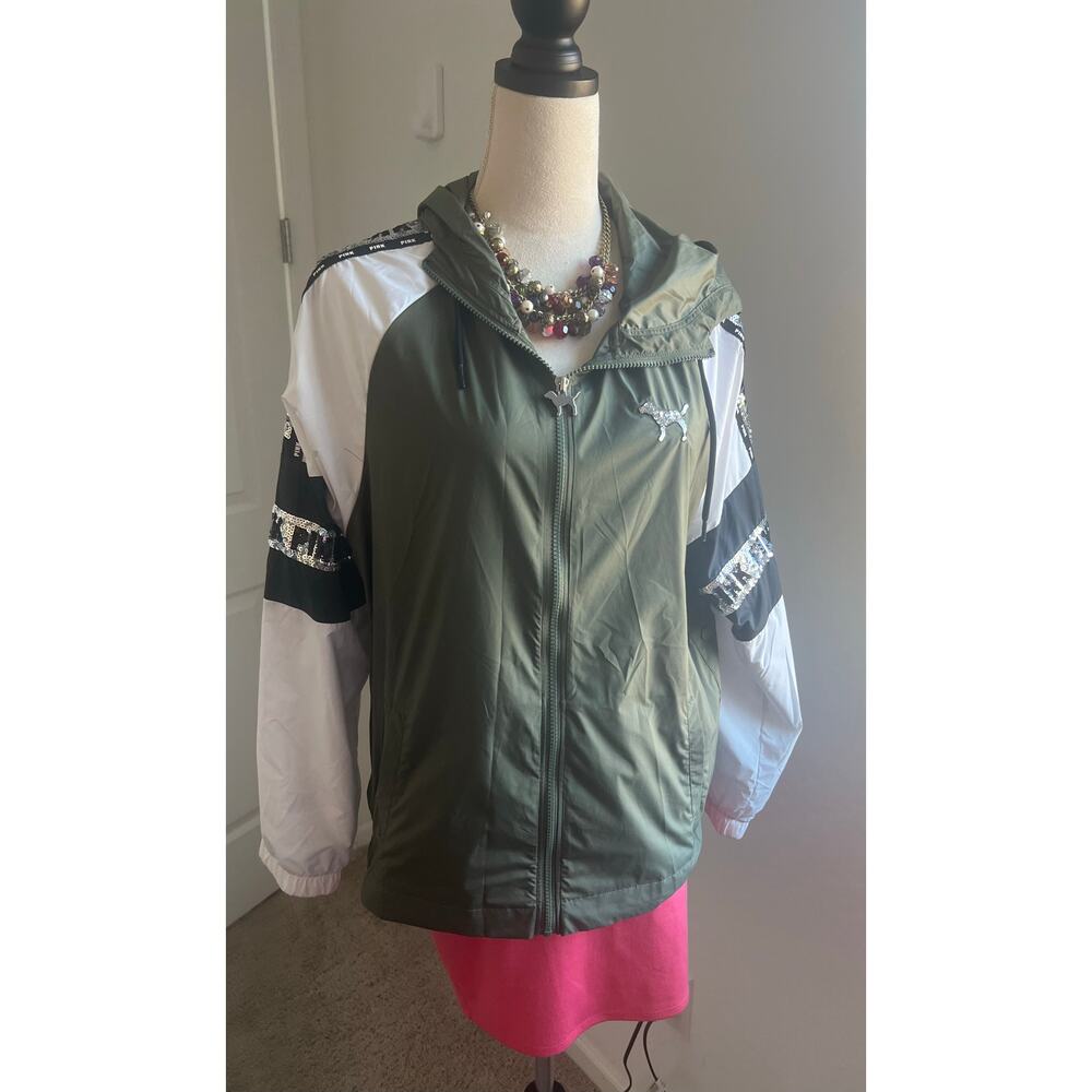 Victoria's Secret PINK Olive Green/White Bling Anorak Hood Windbreaker Jacket XS